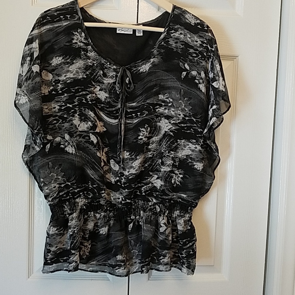 KIM ROGERS Women’s Butterfly Lined Tunic Top Blouse Black & Gray Floral Print L